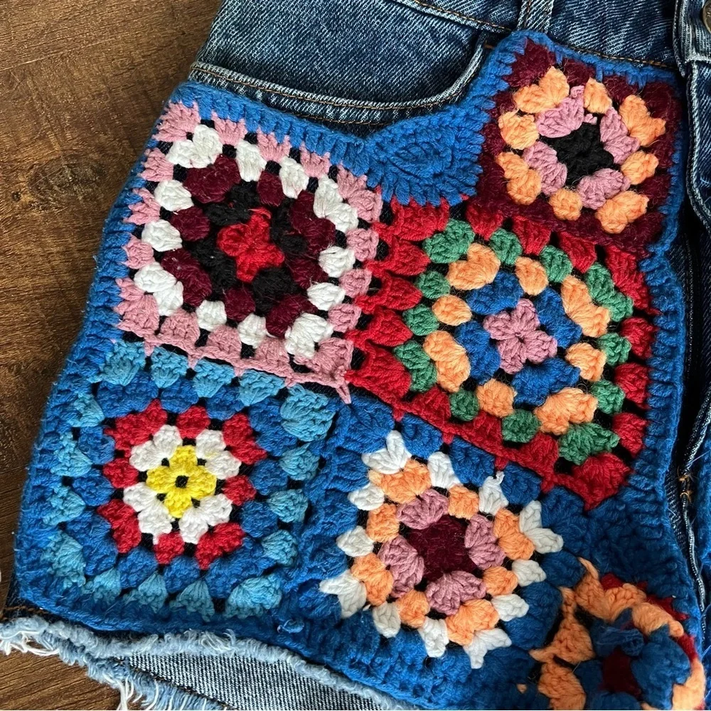 FARM Rio Multicolor Crochet Patchwork Jean Shorts